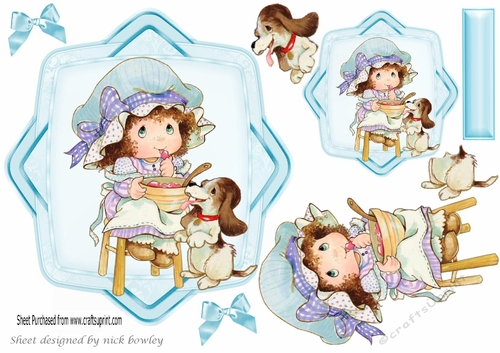 little bonnet girl feeding her puppy card front with bows