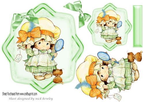 little girl dressing up in a bonnet with her kitty, card front with green bows