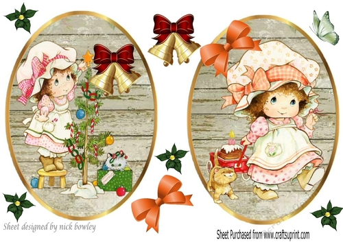 two lovely bonnet girl toppers christmas/birthday card fronts