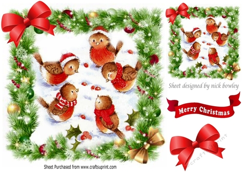 playful little robins in santa hats in  the snow 8x8