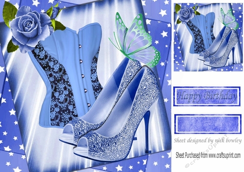 pretty blue painted rose with basque & shoes on starburst frame 8x8