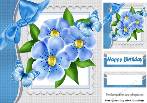 pretty blue flowers and blue butterflies 8x8