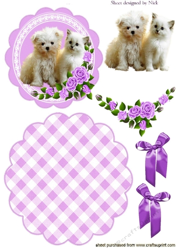 cute puppy and kitten with purple roses & bows rocker card