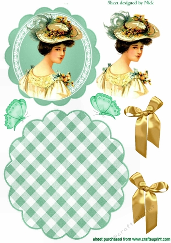 Lovely vintage lady in hat & gold bows rocker card