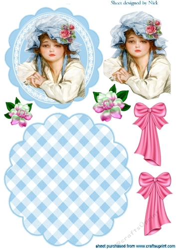 Lovely vintage lady in a bonnet & bows rocker card