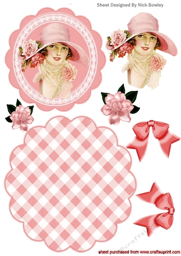 Lovely vintage lady in a pink hat & bows rocker card