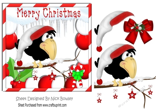 cheeky black crow in santa hat on a perch in the snow