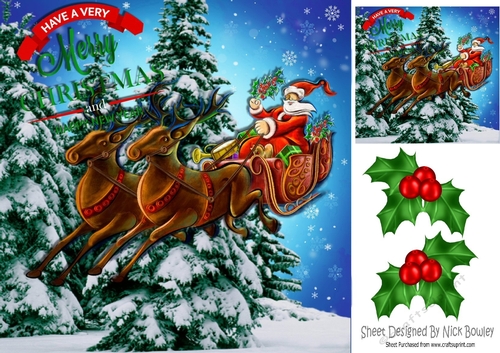 santa with reindeers flying in his sleigh 8x8