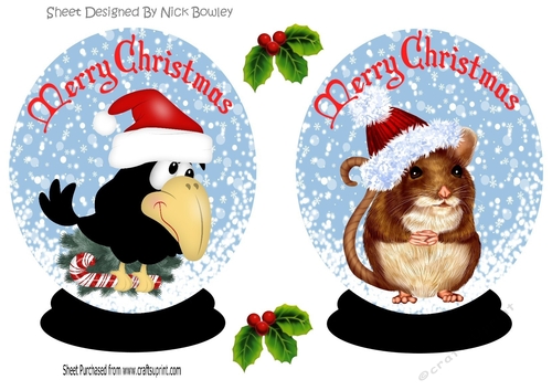 two lovely snow globes of a crow and mouse in santa hats 