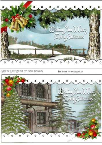 two lovely snow scene with bells and holly card front/toppers A5