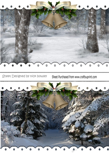 two lovely snow scene with bells with merry christmas ribbon, card front/toppers A5