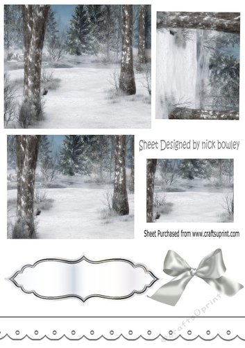 pretty snow scene with pyramids,  border, and bow