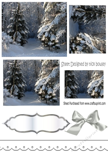 pretty snow scene of woodlands with pyramids,  border, and bow