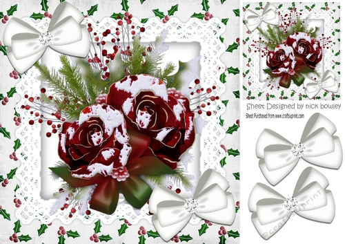 pretty red winter roses with snow, holly & sparkle white bows 8x8