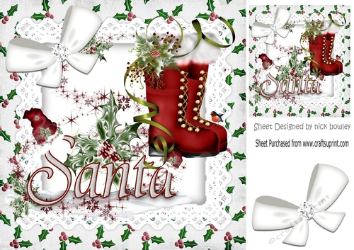 Santas Boots with holly and white sparkle bow 8x8
