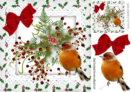 Holly & berries with robin and red bow 8x8