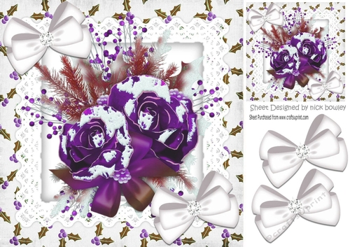 pretty purple winter roses with snow, holly & sparkle white bows 8x8