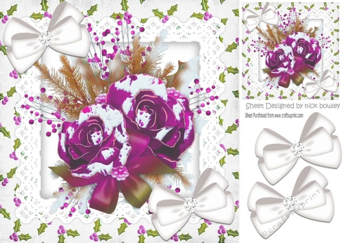 pretty pink winter roses with snow, holly & sparkle white bows 8x8