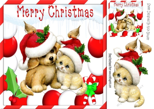 cute puppy with kitten in santa hats 8x8