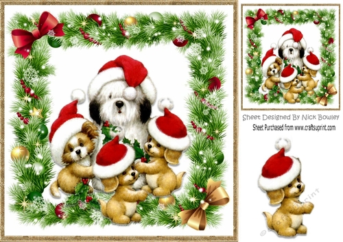  cute puppies galore! in santa hats in festive frame 8x8