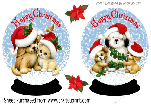 two lovely snow globes of a cute puppies and kittens in santa hats