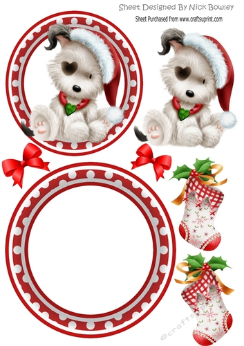 cute little puppy with bow & chrismas stocking rocker card