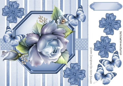 pretty blue roses in stripe/polkadot frame with bows and butterflies 8x8