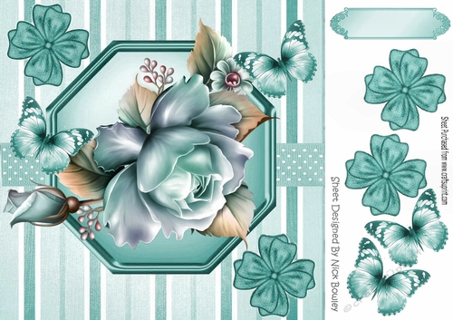 pretty turq roses in stripe/polkadot frame with bows and butterflies 8x8