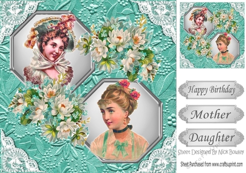 two lovely vintage ladies (turq) in frames with lace & flowers 8x8