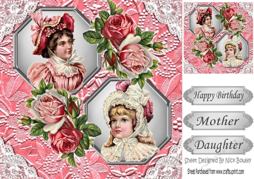 two lovely vintage ladies in pink bonnets in  frames with lace & roses 8x8