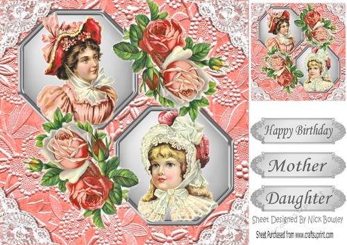 two lovely vintage ladies in peach bonnets frames with lace & flowers 8x8