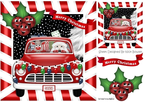 Santa in a car with his reindeer and toony holly 8x8