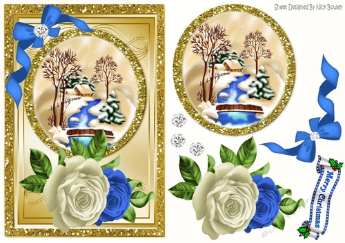  cottage with stream & snow with blue/white roses & blue bow