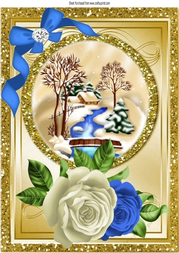 cottage with stream & snow with blue/white roses & blue bow A4
