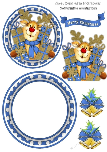 cute little reindeer with blue bells rocker card