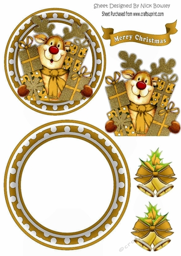 cute little reindeer with gold bells rocker card