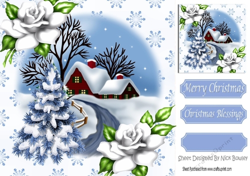 Lovely christmas scene with cottage & blue tree 8x8