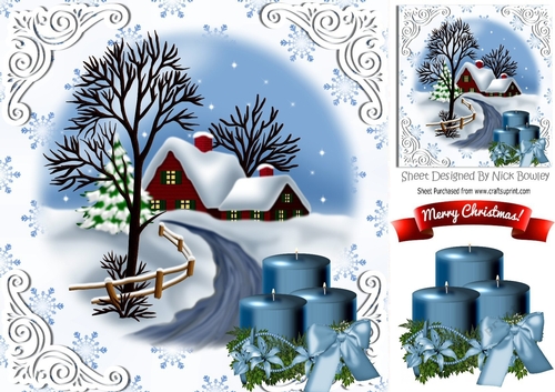 Lovely christmas scene with cottage & blue candles 8x8