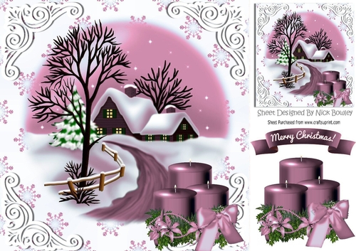 Lovely christmas scene with cottage & pink candles 8x8