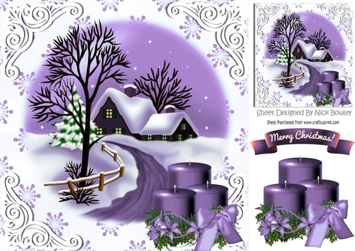 Lovely christmas scene with cottage & lilac candles 8x8