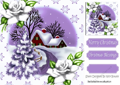 Lovely christmas scene with cottage & lilac tree 8x8