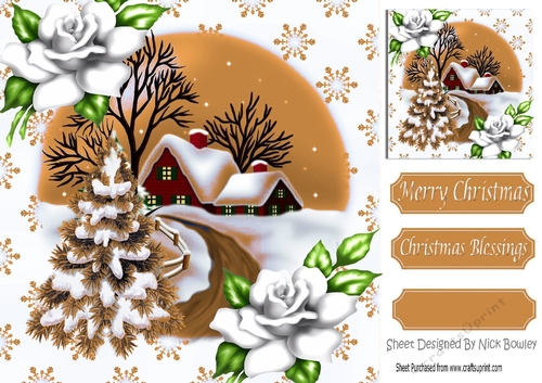 Lovely christmas scene with cottage & gold tree 8x8