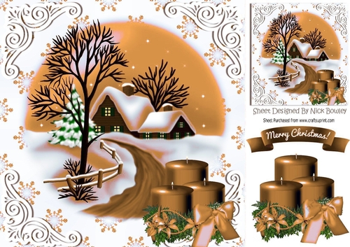 Lovely christmas scene with cottage & gold candles 8x8