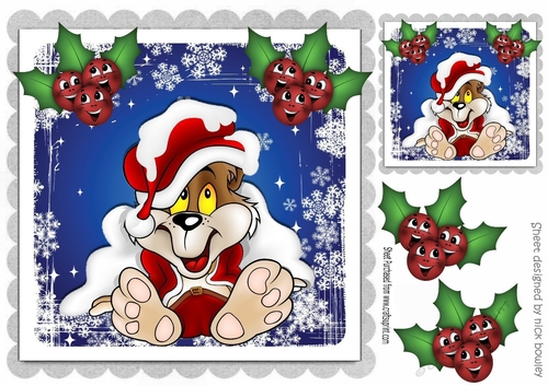cheeky puppy in santa hat with toony holly 8x8