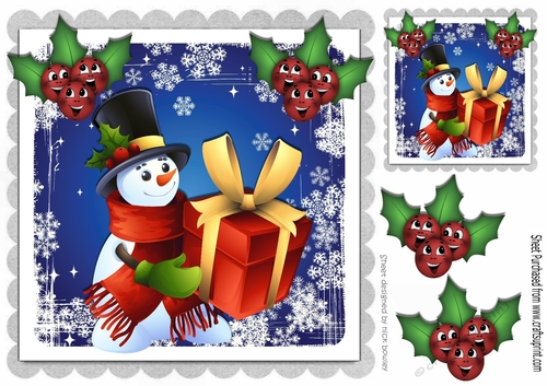 snowman with christmas presents & toony holly 8x8