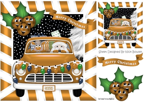 Santa in a gold car with his reindeer and toony holly 8x8