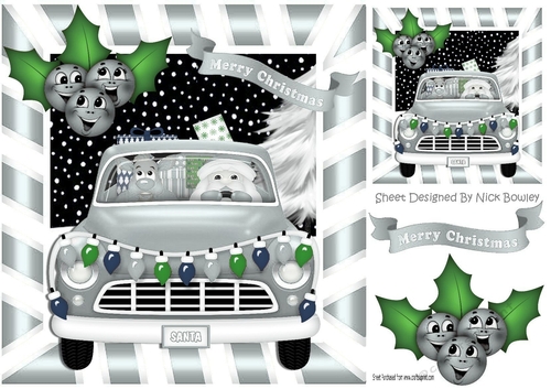 Santa in a silver car with his reindeer and toony holly 8x8