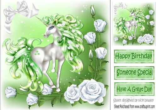 pretty fantasy green unicorn with white roses 8x8
