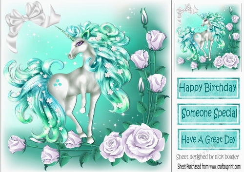 pretty fantasy turq unicorn with white roses 8x8