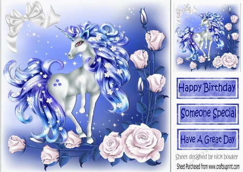pretty fantasy royal blue unicorn with white roses 8x8